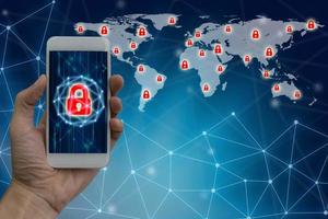 Man using smartphone with lock networking virtual screen of global network security, Cyber security internet and networking concept photo