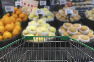 Supermarket aisle with empty shopping cart, Supermarket store abstract blurred background with shopping cart photo