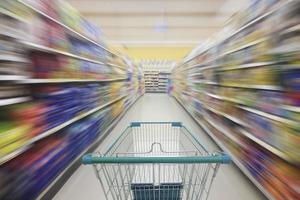 Supermarket aisle with empty shopping cart, Supermarket store abstract blurred background with shopping cart photo