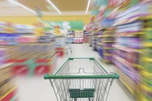 Supermarket aisle with empty shopping cart, Supermarket store abstract blurred background with shopping cart photo