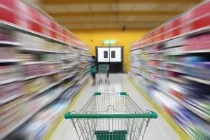 Supermarket aisle with empty shopping cart, Supermarket store abstract blurred background with shopping cart photo