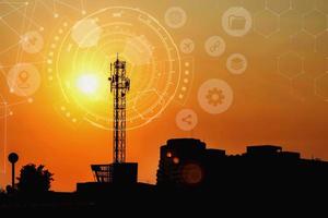 Signal tower with Technology Circle , Large antenna with the sunset, Technology background photo