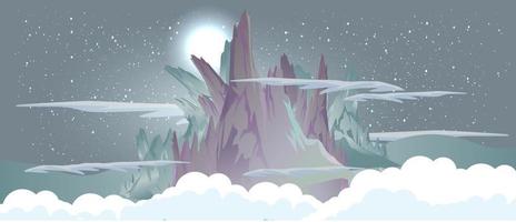 Mountain in the clouds at night with the moon and the stars landscape vector flat illustration design