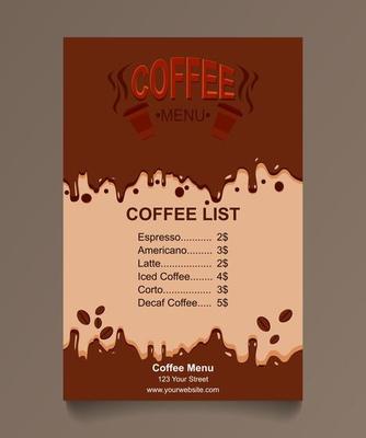 Brown coffee menu design. Restaurant beverage cafe food vector.