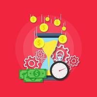 Time is money concept vector flat illustration design. Hourglass and stopwatch detect how many coins fall