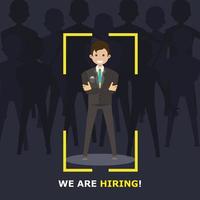 We are hiring recruitment sign. Man employer background flat. Job happy candidate vector grpahic. Concept isolated business resources career. Company template design art offer. Office interview banner
