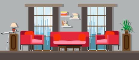Interior living room home furniture design. Modern house apartment sofa vector. Flat bright window, table, wall decor. Illustration floor concept lamp, plant, chair. Cartoon elegant simple background vector