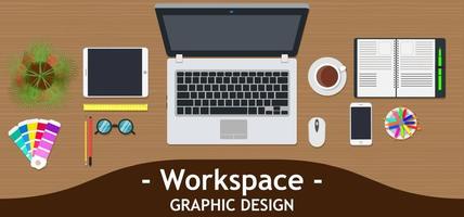 Graphic designer workspace office. Creative desk work vector. Business design art table studio concept top view. Flat color background technology. Inspiration marketing dashboard project analysis vector