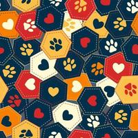 Seamless pattern background with hearts and footprints of home pet in chaotic overlapping hexagons. Vector. Good for decoration of wrap, goods for pets. vector