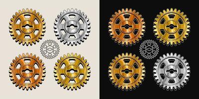 Gold, brass, copper, steel polished gears in vintage style. Base shape of gears with editable strokes. Good for decoration in steampunk style. Vector. vector