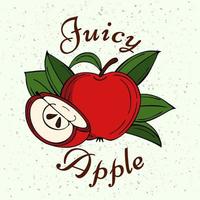 Label with ripe red apple, apple slice, seeds, leaves and inscription Juicy apple on textured background. Vector illustration. Good for print, apparel design, logo, emblem.