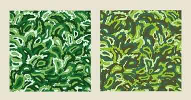 Set of camouflage patterns. Lots of green stretched spots in doodle style. Dense overlay of elements in a mess. Vector illustration