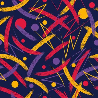 Abstract seamless pattern with grunge paint brush stroke and circles. Colorful intricate smears on black background. Modern grunge texture. Perfect for sportswear, sporting goods