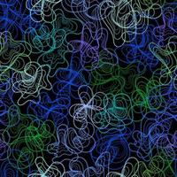 Abstract wavy rounded shapes of colorful dotted lines on a black background. Green and blue colors. Dense overlay of elements in a mess. Vector image.