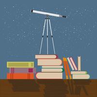 Education future concept vector flat illustration.Telescope stands on books against the background of the night sky