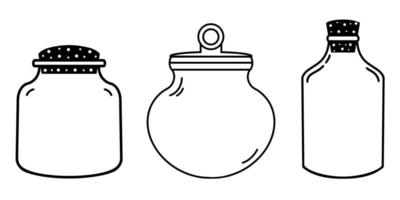 A set of glass jars with lids. Isolated vector bottles on a white background. Empty vessels. Hand drawn black doodle, flask outline