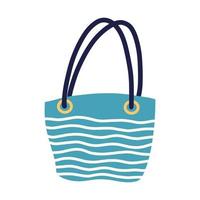 Beach bag vector icon. Summer accessory with golden buckles. Blue case with wavy stripe. Flat cartoon style, hand drawn illustration isolated on white background. Simple colored doodle