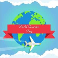 World tourism day background with green Earth, airplane and clouds vector illustration poster