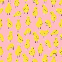 pattern with chickens in different poses. Vector seamless pattern with cute little chickens on a colored background