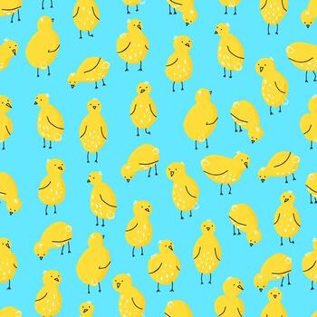 pattern with chickens in different poses. Vector seamless pattern with cute little chickens on a colored background