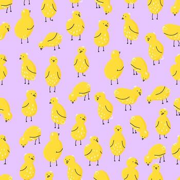 pattern with chickens in different poses. Vector seamless pattern with cute little chickens on a colored background