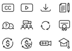 Online Education linear icons. Learning tool application for learner. Includes stream, download, project, files, support, community, certificate, accessibility, update, subscription symbol. vector