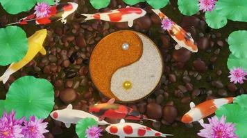Koi  fish or fancy crap swim in a circle. Surrounding the yin and yang signs conveys feng shui. The floor of the pond is full of rocks. And pink lotus 3D Rendering.