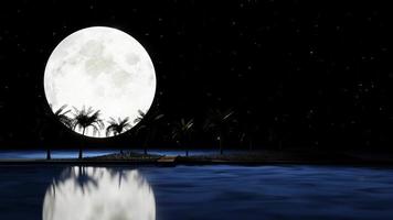 The full moon at night was full of stars and a faint mist. A wooden bridge extended into the sea. Fantasy image at night, super moon, sea water wave. 3D Rendering video