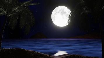 la luna llena en la noche estaba llena de estrellas y una tenue niebla. un puente de madera se adentraba en el mar. imagen de fantasía en la noche, superluna, ola de agua de mar. representación 3d video