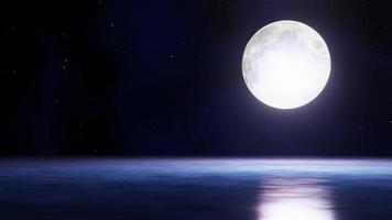 la pleine lune la nuit était pleine d'étoiles et d'un léger brouillard. un pont de bois prolongé dans la mer. image fantastique la nuit, super lune, vague d'eau de mer. rendu 3d video