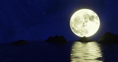 la luna piena di notte era piena di stelle e di una debole nebbia. un ponte di legno si estendeva nel mare. immagine fantasy di notte, super luna, onda di acqua di mare. rendering 3D