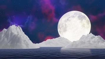 The full moon at night was full of stars and a faint mist. A wooden bridge extended into the sea. Fantasy image at night, super moon, sea water wave. 3D Rendering video