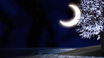 la luna llena en la noche estaba llena de estrellas y una tenue niebla. un puente de madera se adentraba en el mar. imagen de fantasía en la noche, superluna, ola de agua de mar. representación 3d video