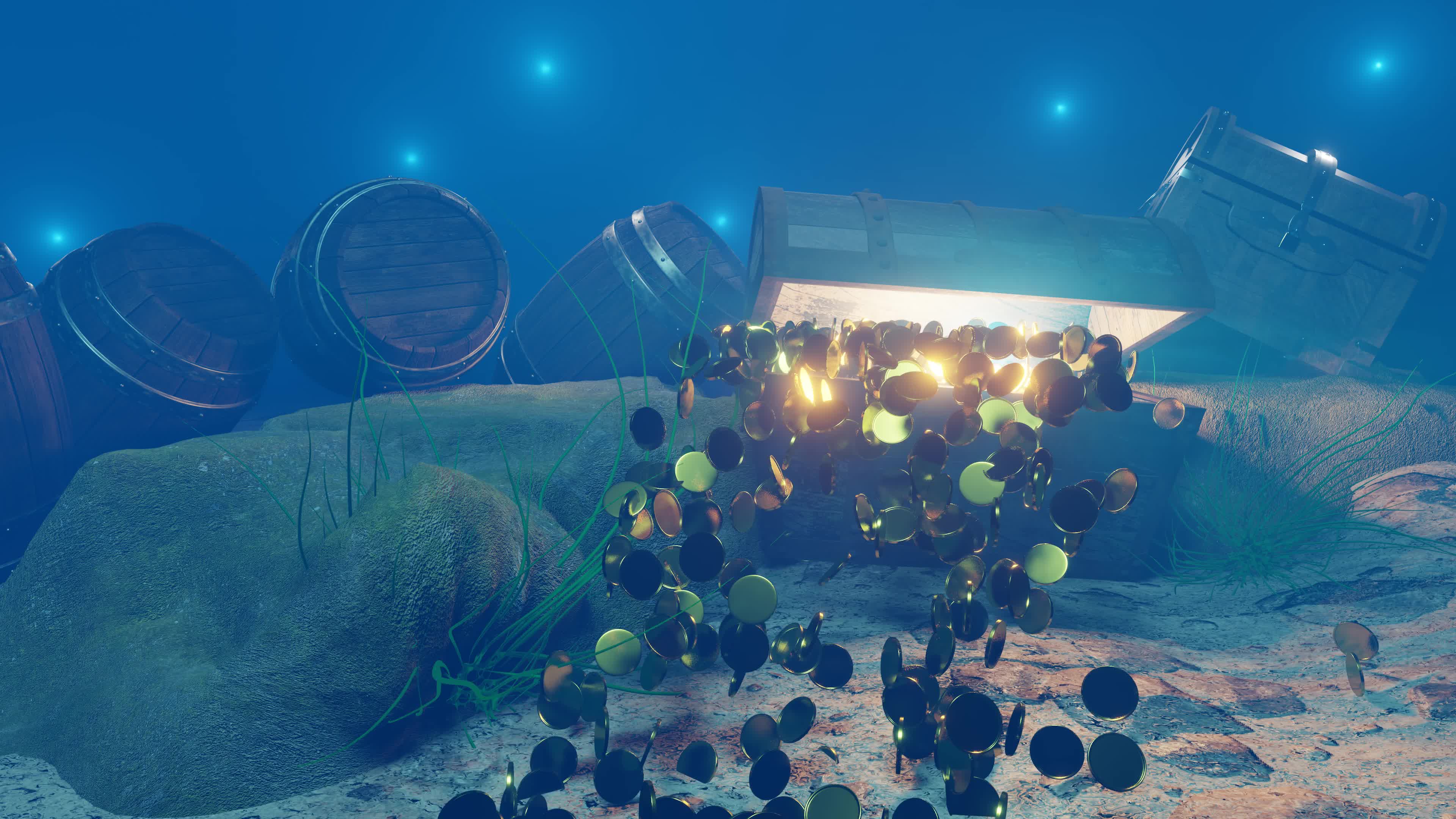 A wooden and rusted metal treasure chest sinks under the sea of pirates