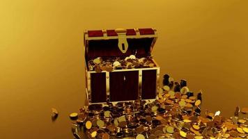 Many distribute gold coins flew from the treasure chest. A treasure chest made of gold, luxurious, expensive. An ancient treasure box opened with gold coins ejected. 3D Rendering. video