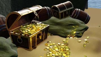 Gold coins are scattered from boxes or treasure chests. wooden treasure chest put on the beach at a deserted island in the theme of Pirate treasure. 3D rendering video