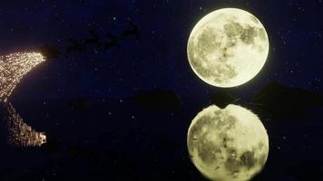 céu noturno a lua cheia tem papai noel andando de trenó de renas por ele. noite de natal, papai noel andando de trenó, uma rena com faíscas de magia. renderização em 3D