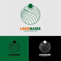 Line minimalist logo with landscape, sun, mountain, road and tree concept vector