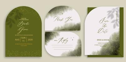 Modern wedding invitation, green and golden wedding invitation template, arch shape with leaf shadow and handmade calligraphy. vector