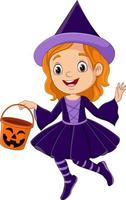 Cartoon girl wearing halloween witch costume holding pumpkin bucket vector