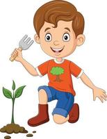 Cute little boy planting a plant vector