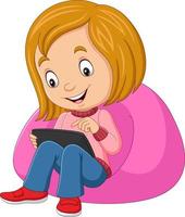 Cartoon happy little girl using tablet on sofa vector