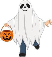 Cartoon kid wearing halloween ghost costume holding pumpkin basket vector
