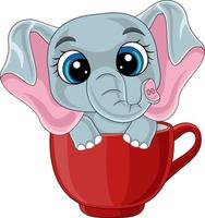 Cartoon cute baby elephant sitting in red cup