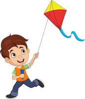 Cartoon happy little boy playing a kite vector