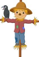 Cartoon funny scarecrow with crow bird vector