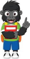 Cartoon happy gorilla with backpack and book pointing up vector