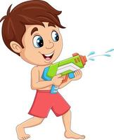 niño pequeño de dibujos animados jugando pistola de agua vector