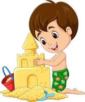 Cartoon little boy making sand castle vector