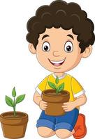 lindo niño sosteniendo plantas en maceta vector